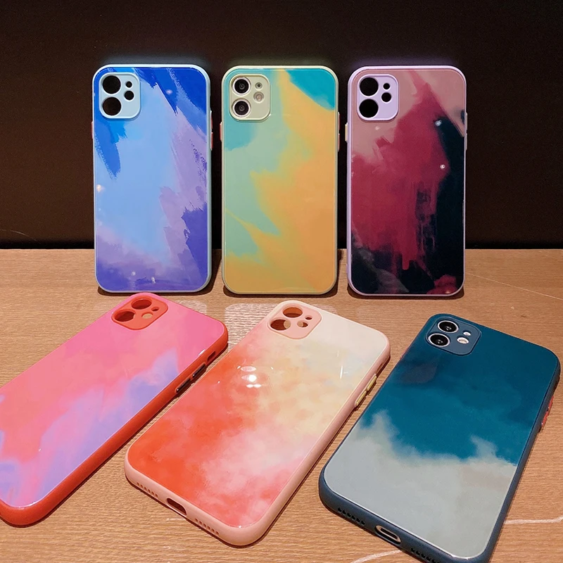 

Luxury Fashion Glass Gradient watercolor shockproof phone case For iPhone13 12 11 Pro XS Max luxury phone case iphone, Multi-color, can be customized