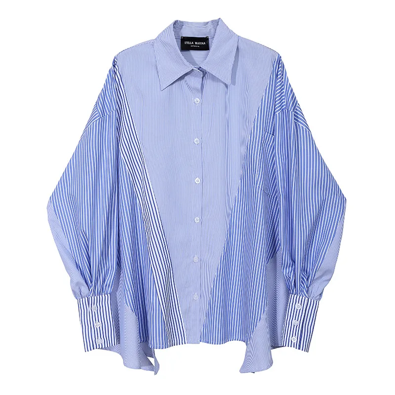 

Wholesale 2021 spring and summer Korean casual loose stripe stitching street style irregular large size ladies shirts, Blue
