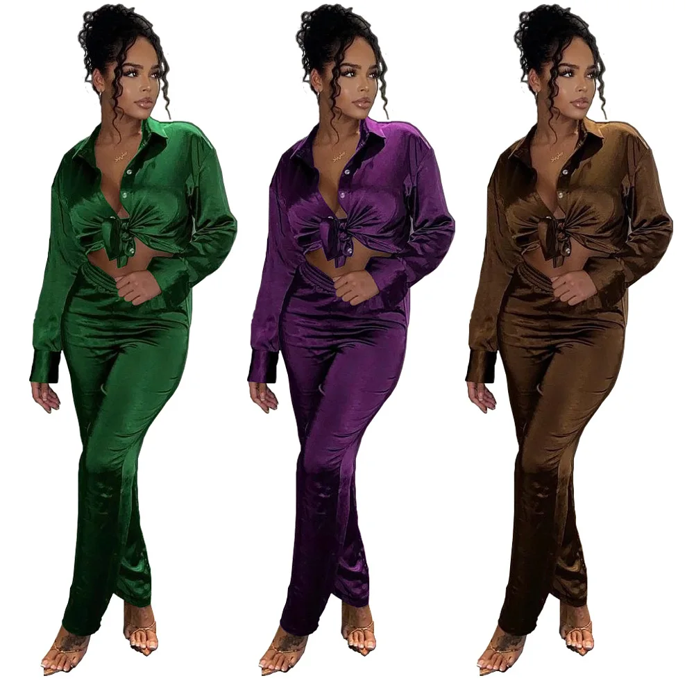 

RX-AD1110 New arrival casual long sleeve irregular shirt and pants sets women fall satin 2 piece pants set, As picture shows or customized color