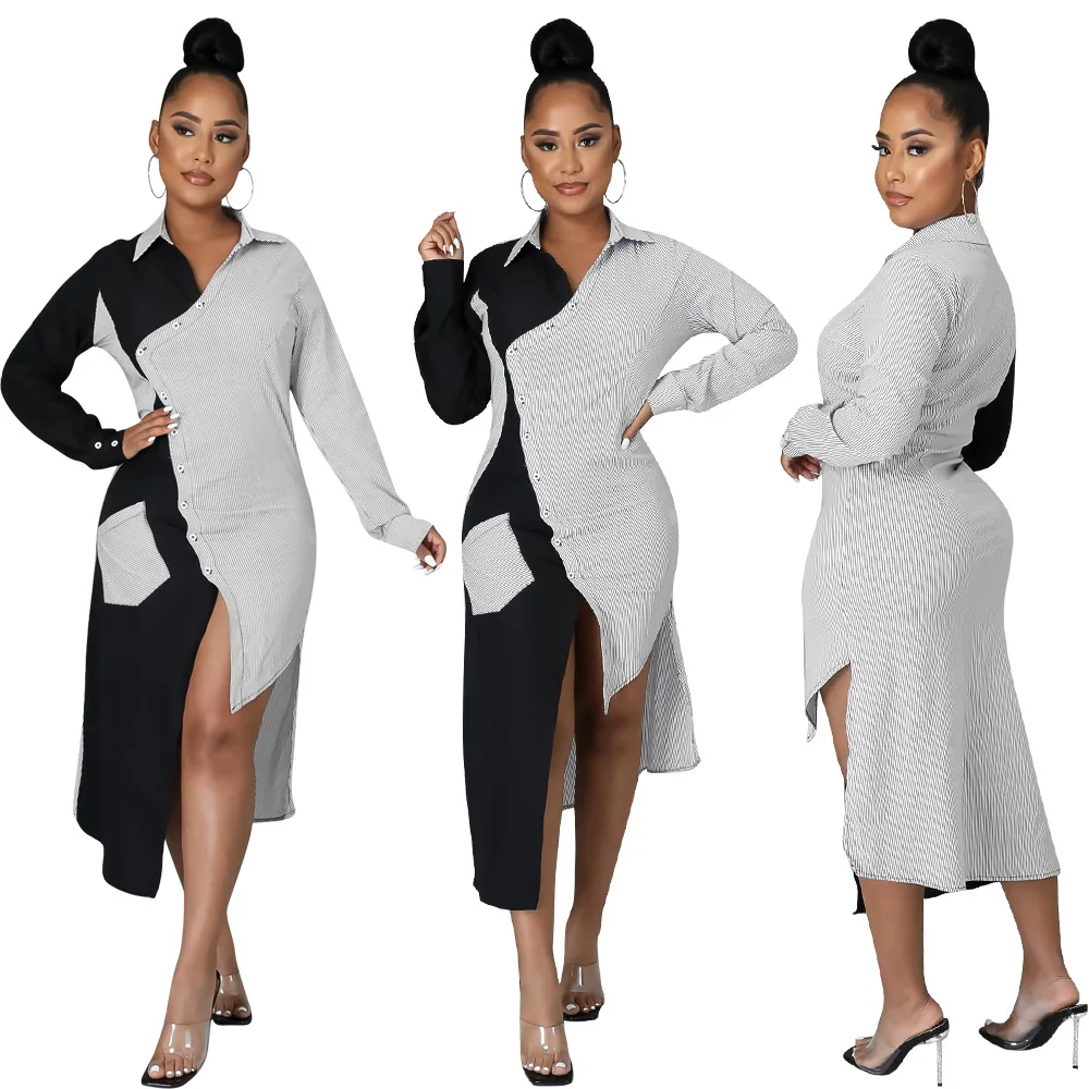 

Autumn and winter contrast color long-sleeved shirt skirt irregular casual dress