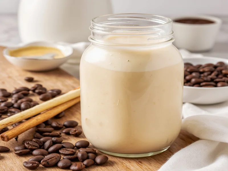 Homemade vanilla coffee creamer in mason jar with coffee beans