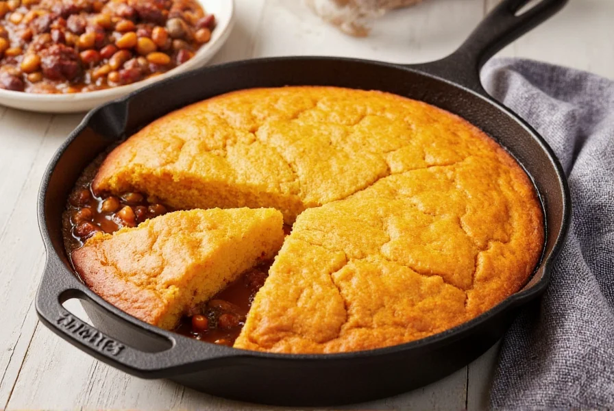 Traditional cast iron skillet cornbread served alongside a bowl of hearty beef chili with beans