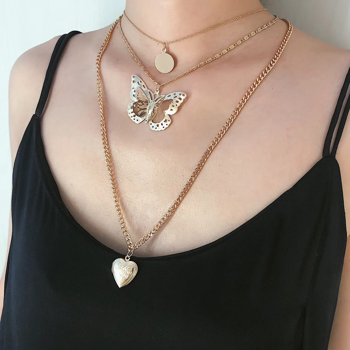 

New Vintage Fashion Gold Pendant Necklaces Boho Heart Hollow Butterfly Letter A Sequins Multi Layer Necklace Jewelry, Gold/silver