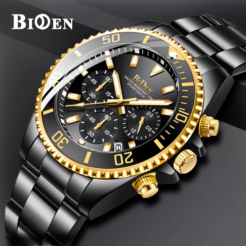 

BIDEN Luxury Mens Watches Sports Chronograph Waterproof Analog 24 Hour Date Quartz Watch Men Full Steel Wrist Watches Clock