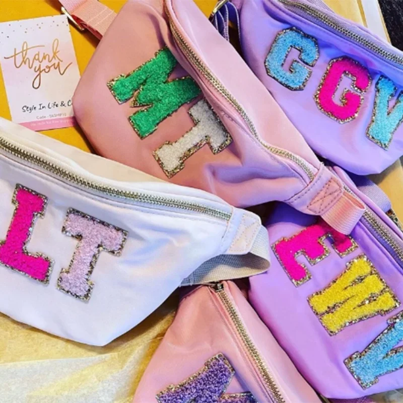 

Rts Stock Nylon Portable Personalized Glitter Letter Patches Custom Travel Women Girls Bridesmaid Birthday Fanny Packs