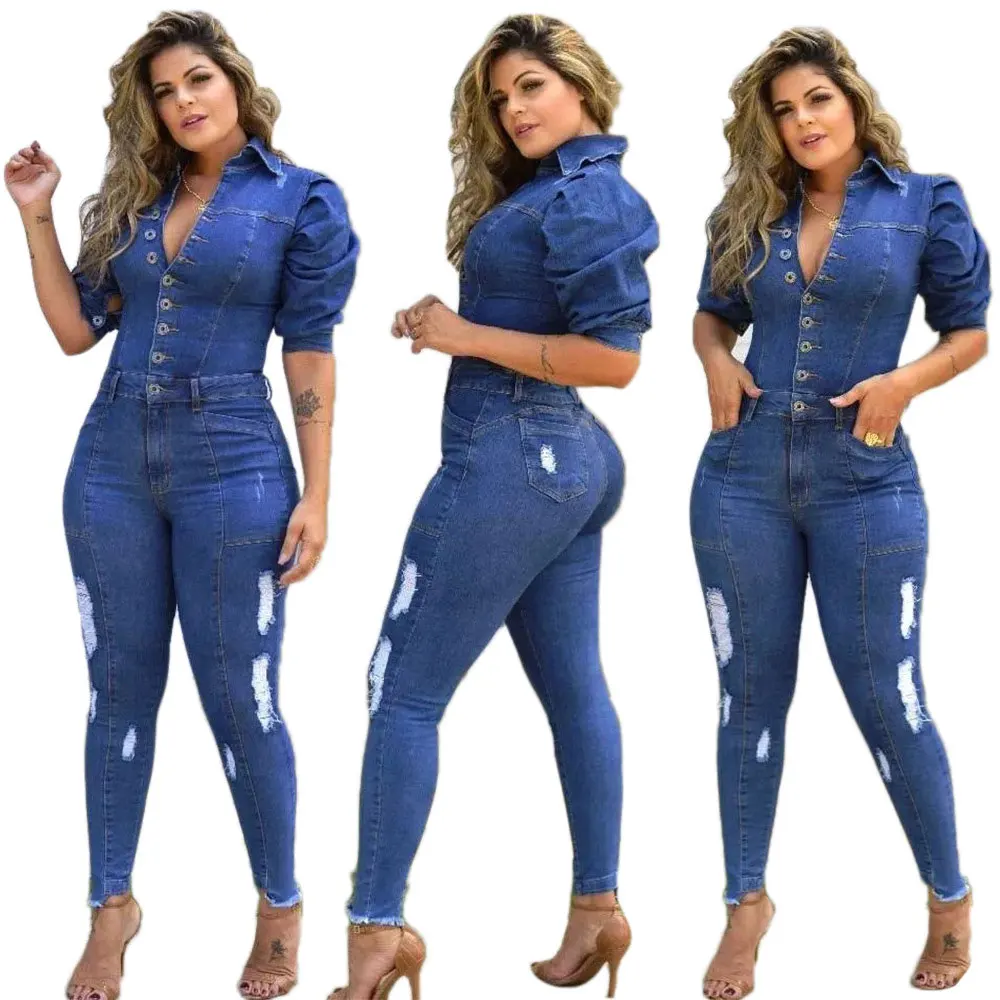 

10101-MX26 puff sleeve denim jumpsuits jeans women sehe fashion