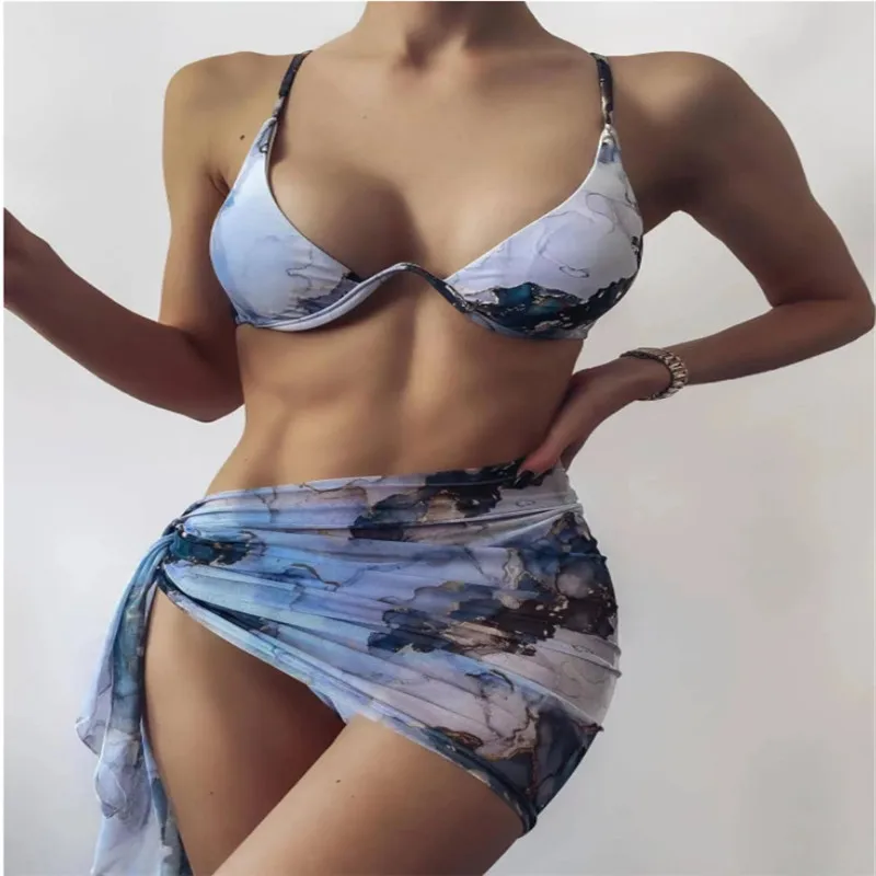 

Miyouj Sexy 3 piece swimsuit women tie dye biquini summer bathing suit thong bikini set with skirt 2021 swimwear, Customized colors