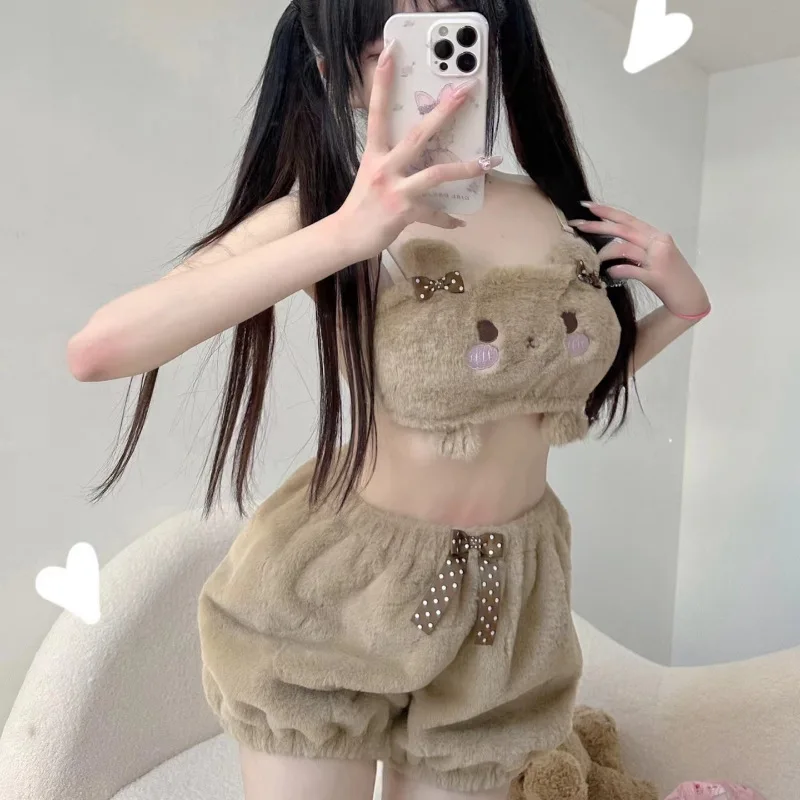 

Kawaii Anime Cute Pajamas Set for Women Sweet Lovely Velvet Tube Top and Shorts Sleepwear Suits