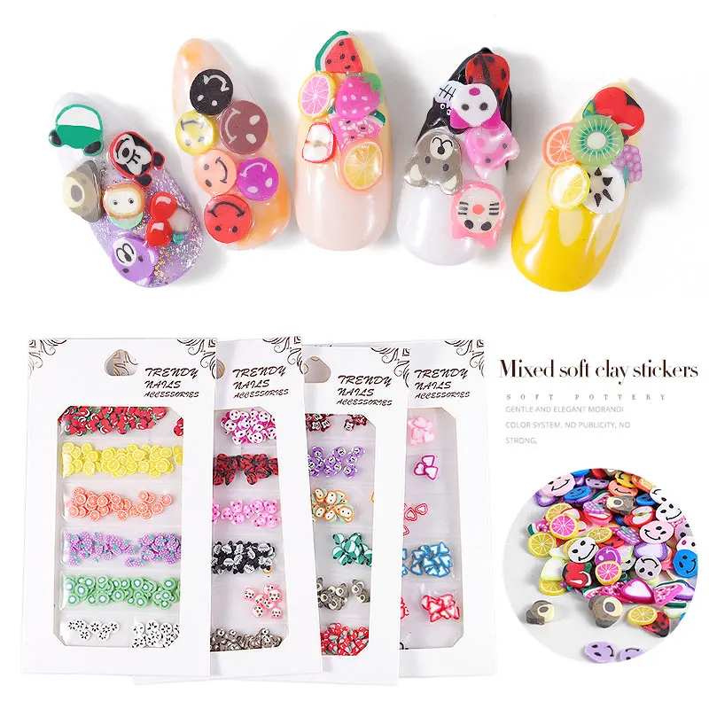 

1Pack Colorful Nail Art 3d Tiny Polymer Clay Slices Mixed Fruit Smile Face Cartoon Animals Flakes Nail Stickers Decorations