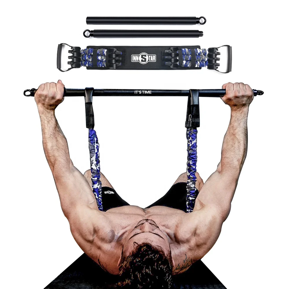 

INNSTAR Portable Adjustable Bench Press Gym Equipment Fitness Resistance Bands Training Bar, Camouflage blue