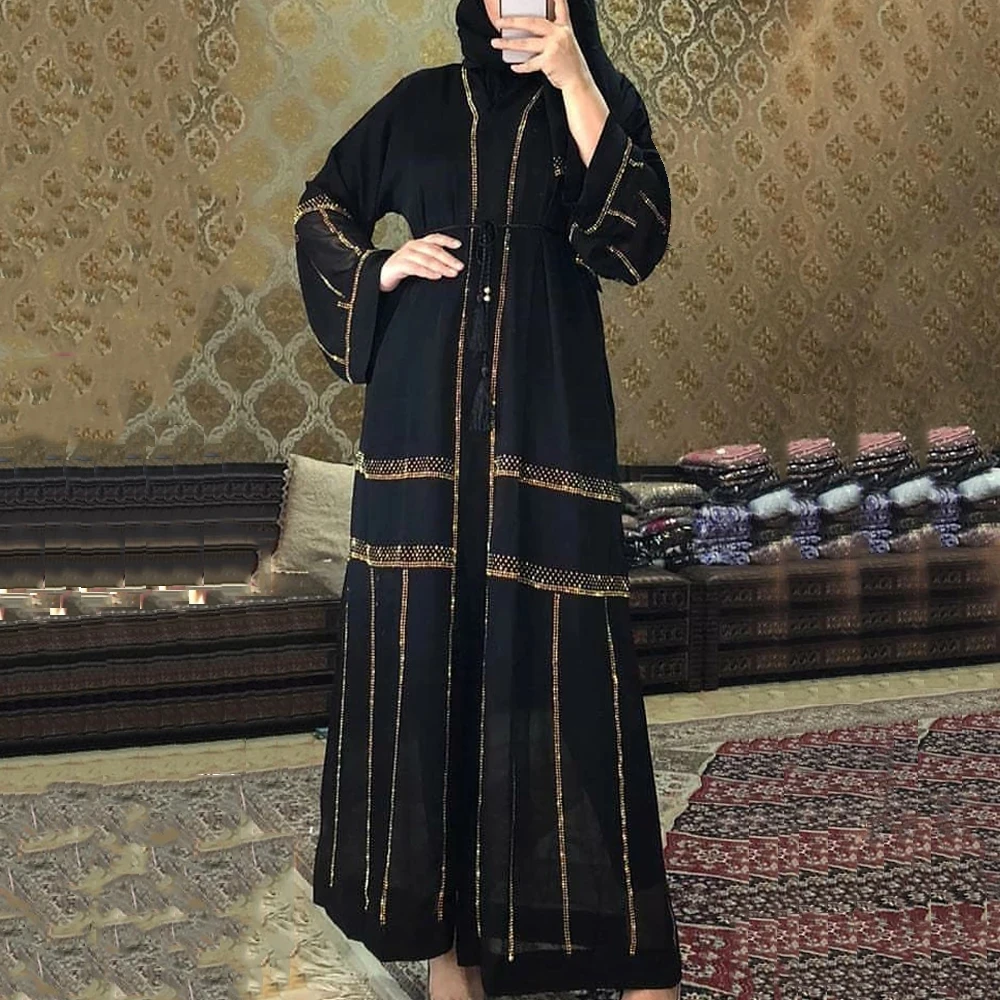 

Kimono femme musulmane djellaba dress black abaya dubai turkey muslim hijab 2021 caftan marocain arabe islamic clothing, As pictures