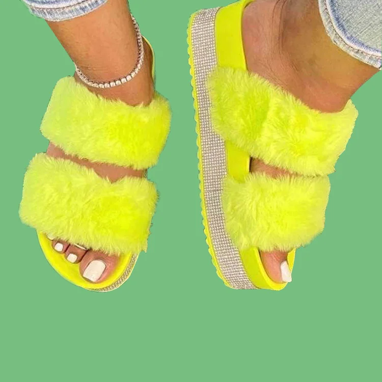 

wholesale female Diamonds Rhinestone Fluffy Fur Slides Shoes ladies Thick Sole Sandals Women Summer Furry Slippers, Black,white,yellow,red