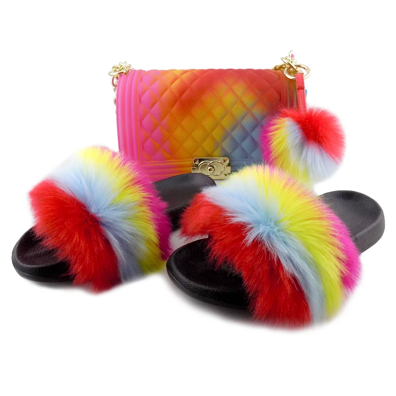 

fuzzy fur slippers and jelly hanbag set women handbag with fur slippers, Red,blue ,green ,orange ,brown