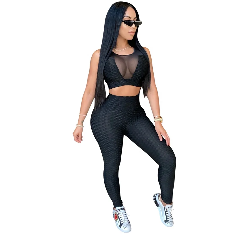 

Amazon USA hot sale tight sexy sleeveless yoga sport suit girl lady woman tracksuit fitness sportswear woman 2 piece set, Optional