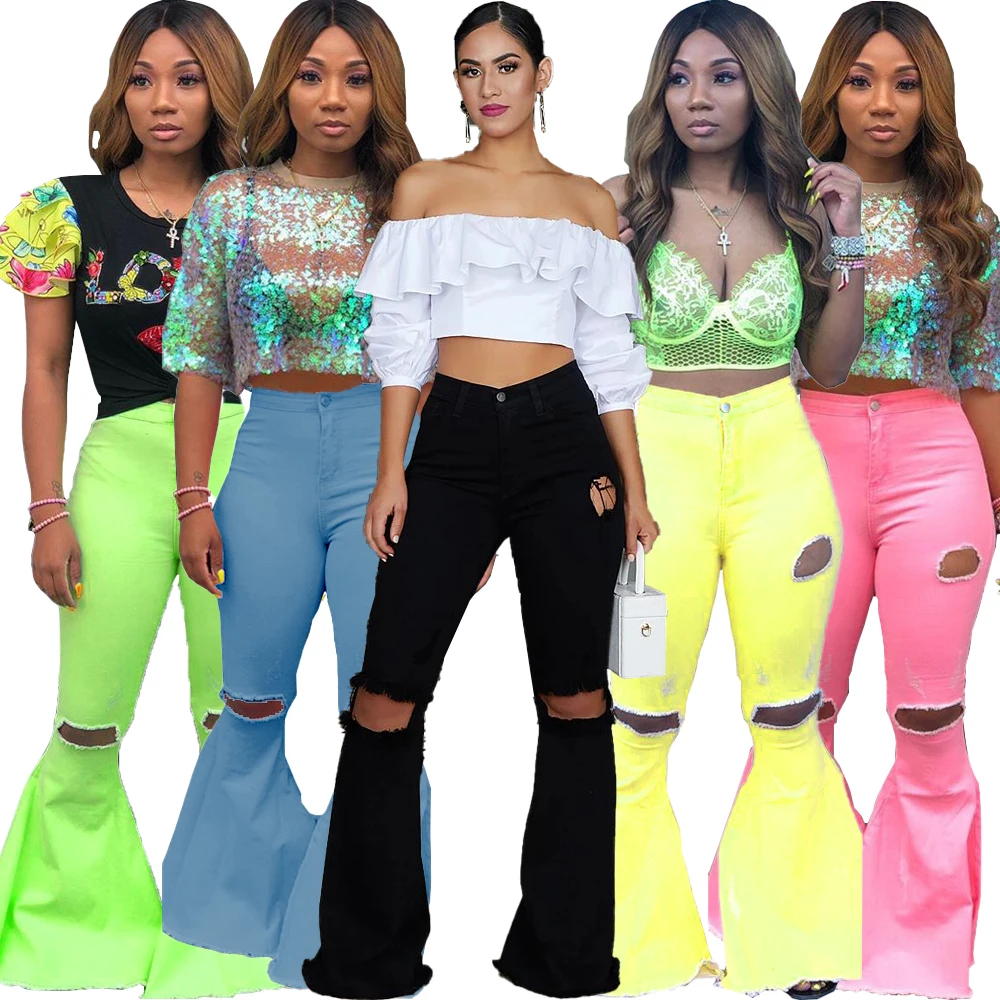 

New arrivals C1401 women fashionable scratched hole jeans pants flare pants