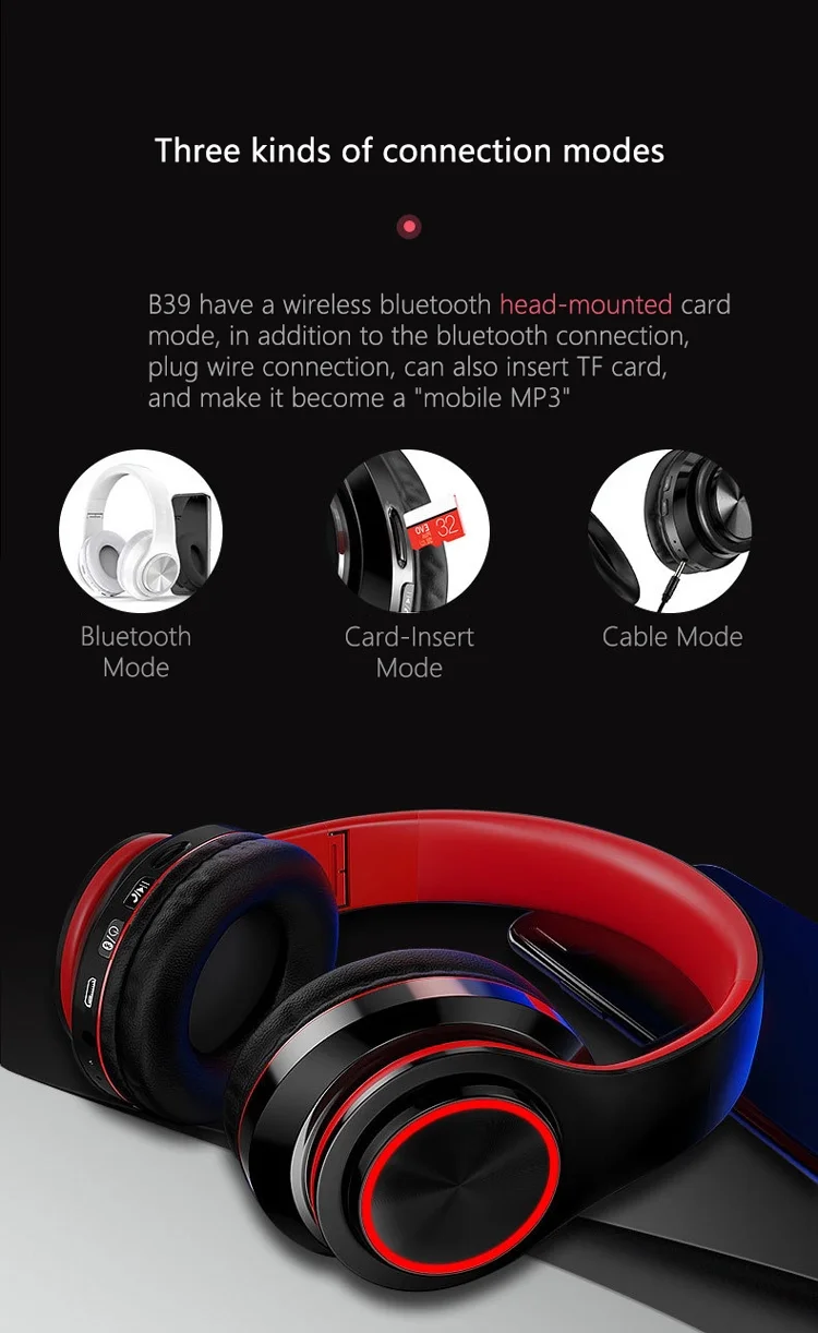 B39 headphone over ear wireless bt headset with microphone support tf card mp3 player with led colorful breathing lights - ANKUX.COM