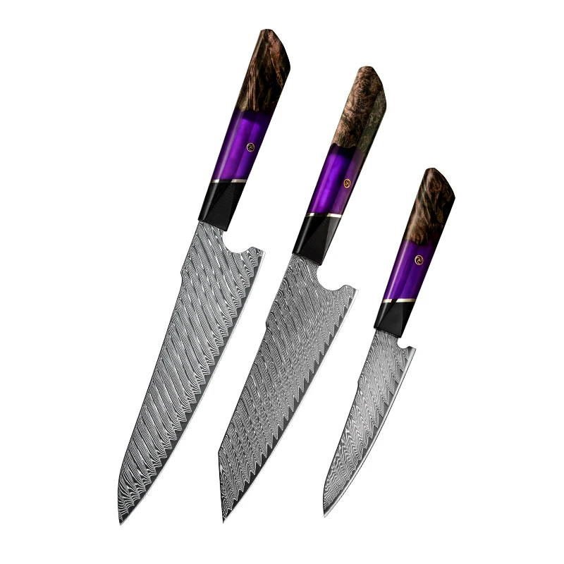 

Hot Sale 3 Pcs High Carbon Damascus Steel Hammered Kitchen Knives Set Cooking Santoku Nakiri Chef Knife Set