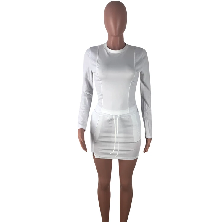 hot sale long sleeve tops mini skirt two piece sets pretty women clothing