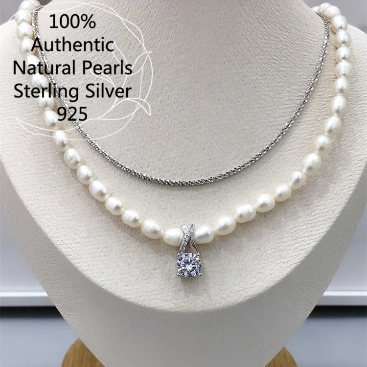 

100% 925 Sterling Silver Pendant double layers Chokers Natural Pearls Necklace For Women Wedding Ins Perolas Cadenas de Plata