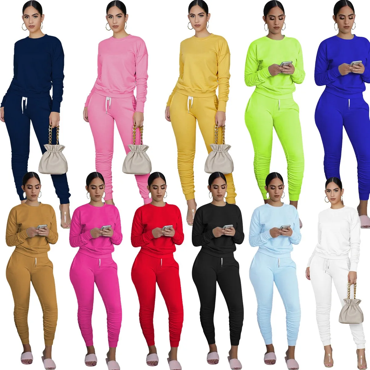 

fall clothing for women 2020 fashion long sleeve stacked pants solid color two piece set casual sports clothes wholesale, 8 color as picture