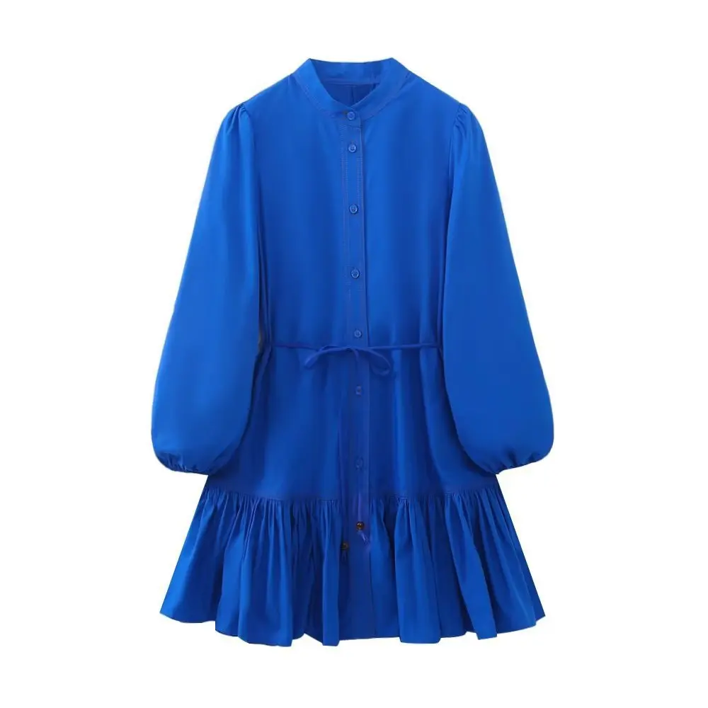 

Sexy Blue Long Sleeve Shirt Mini Dress For Women