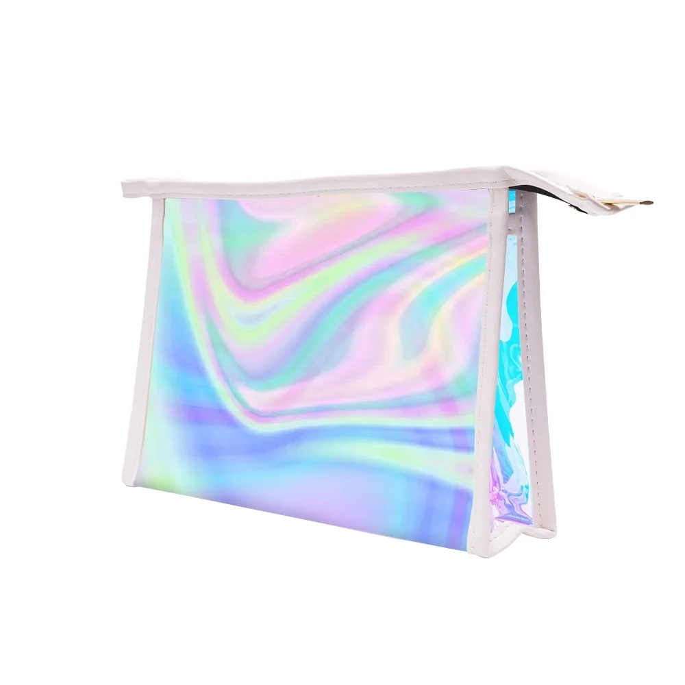 

Low MOQ Custom Logo Clear Transparent Holographic Makeup bag Make up Pouch Pvc Cosmetic Bags Women