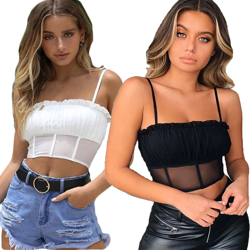 

Summer Woman Tops Fashionable Spaghetti Stra Ruffle Sleeveless Sexy Mesh Crop Top, White,black