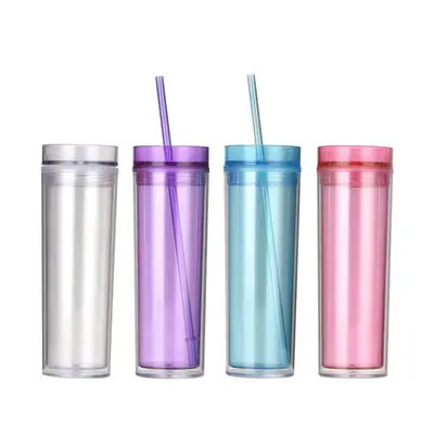 

Wholesale 16oz clear insulated tumbler cups double wall skinny transparent cup with low price, Customized color