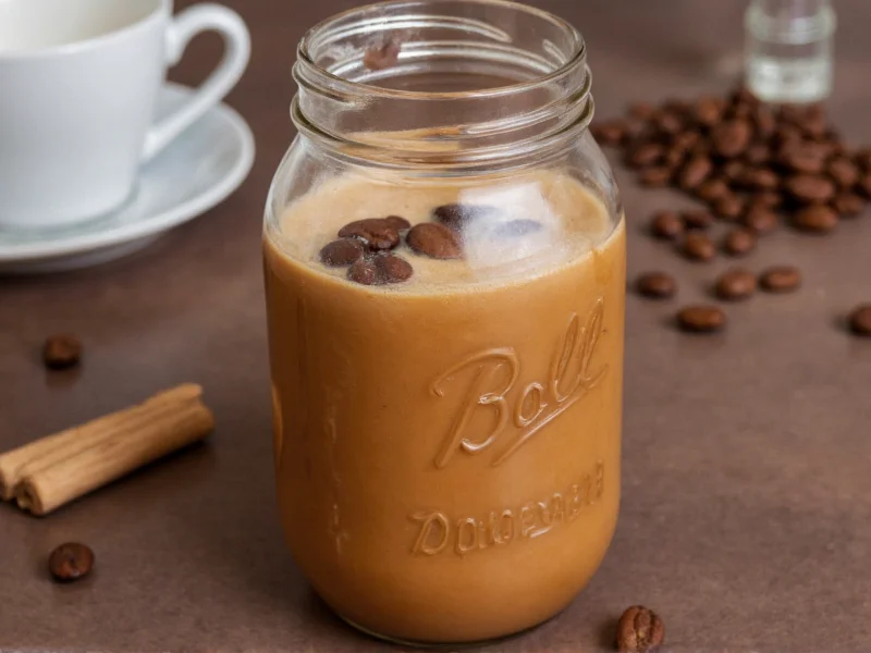 Homemade kahlua in mason jar with coffee beans