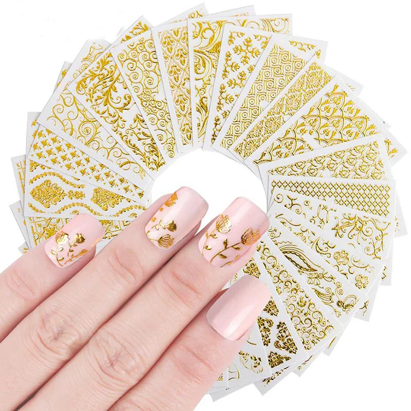 

20pcs/Set Salon Accessory Adhesive Flower Nail Tips Decorations Mixed Designs Gold 3d Nail Art Stickers Hollow Decals