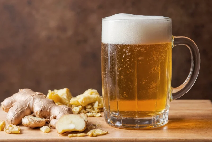 Traditional ginger beer brewing process showing ginger root, fermentation vessel, and finished product