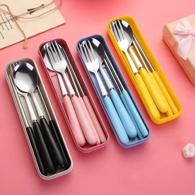 

Wholesale tableware ceramic handle stainless steel fork spoon chopsticks portable cutlery sets with gift box, Pink, blue, black, yellow