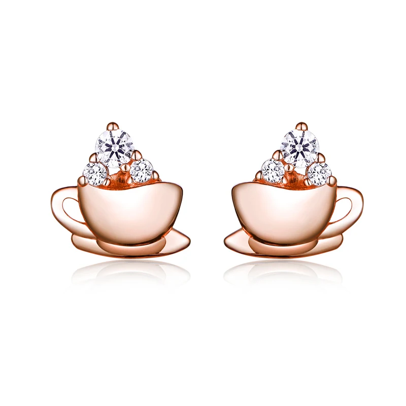 

Personality Piercing Ears Rose Gold Plated Diamond Tea Cup Design Sterling Silver Stud Earrings Jewelry Gift