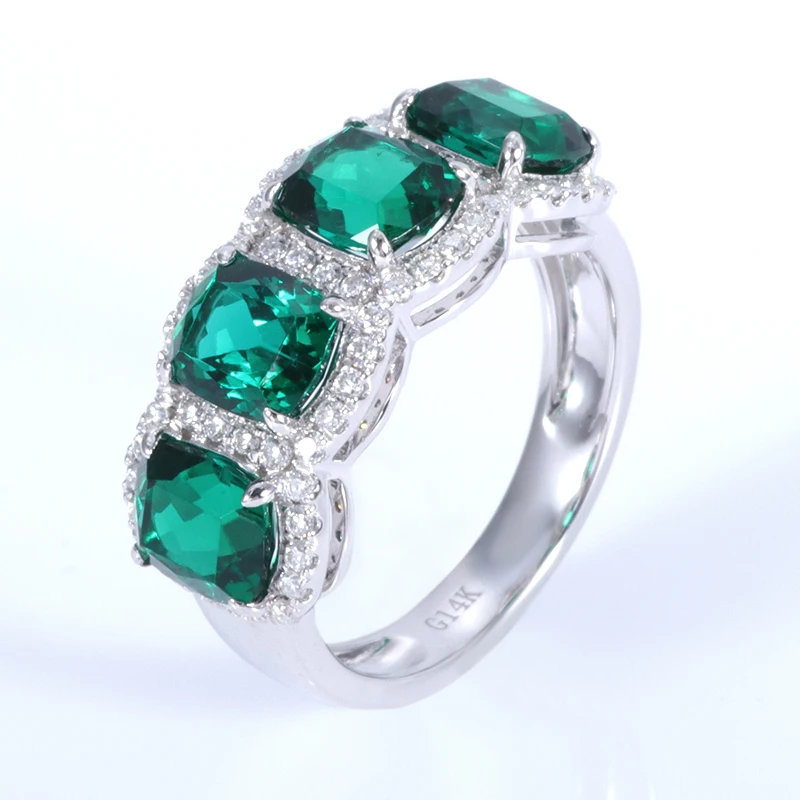 

5x6mm elongate synthetic emerald 14k white gold engagement ring with melee moissanite stones paved around