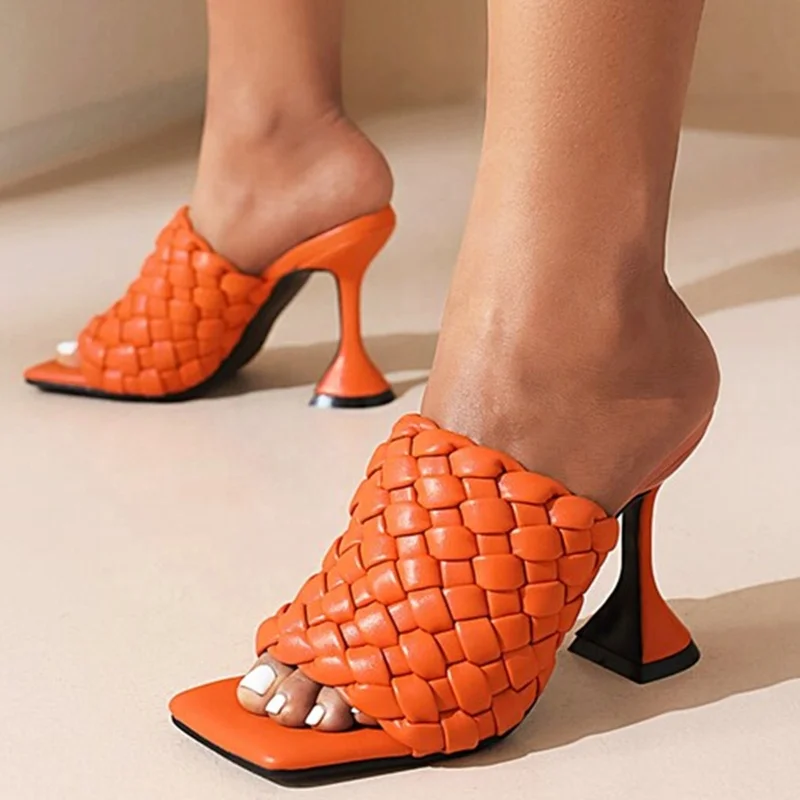 

Soft Comfortable Braided Summer Kitten High Heel Shoes Square Toe Sandals Women Slip-on Shoes Beach Big Size 43, Black white orange