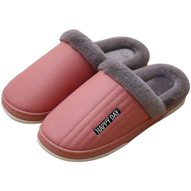 

Women Men Cotton Slippers Waterproof Non-Slip PU Leather Thick Soled Slides Thermal Winter Couples Indoor Home Slippers, Solid color