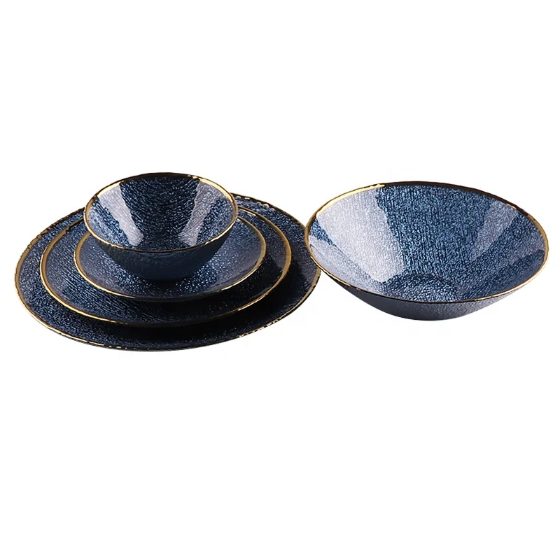 

Blue Glass Dinner Plate for Home Restaurant Charger Plate Dishes Dinnerware Set China Round Custom Logo Solid Pattern Pigmented