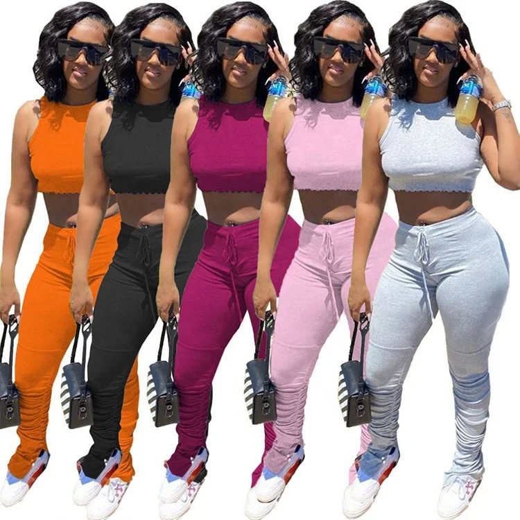 

Sleeveless Crop Top Stacked Pants Tracksuit Clothing Womens Outfit 2 Two Piece Set, Black,gray,orange,pink,rose red