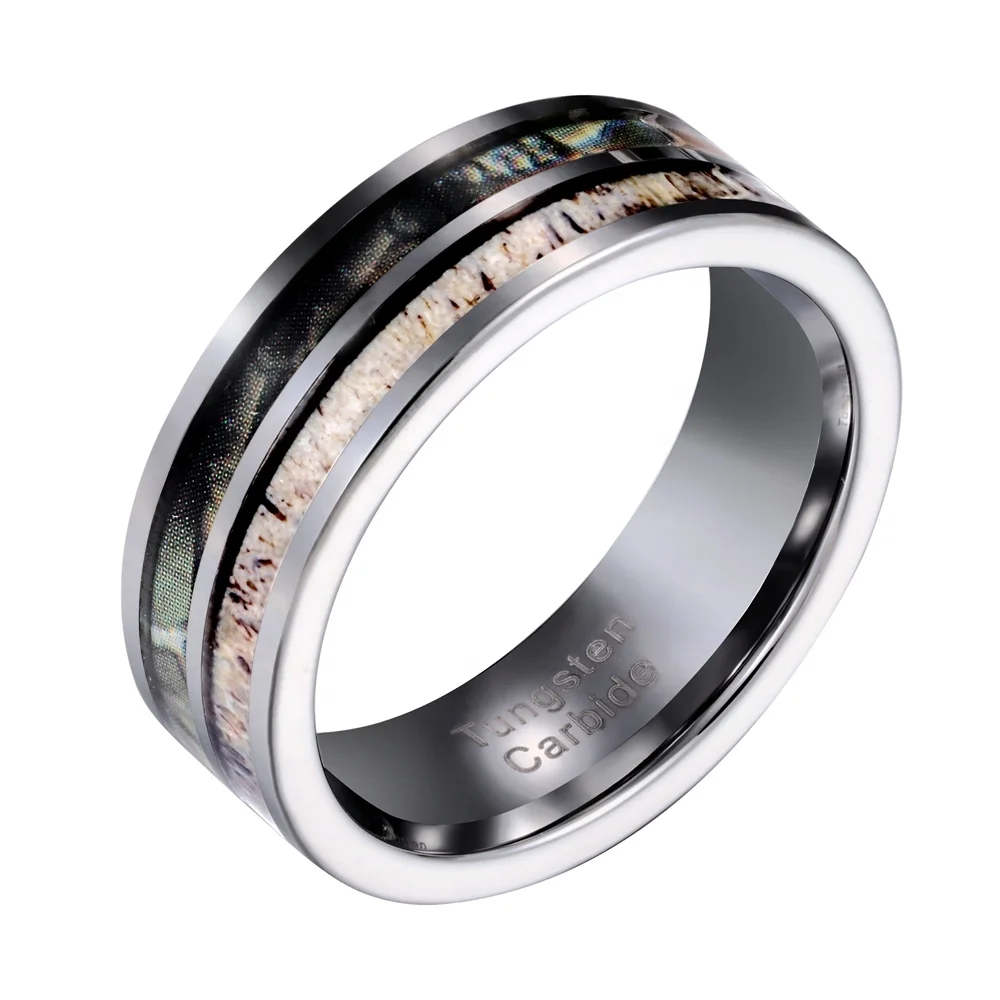 

POYA Tungsten Carbide Ring Deer Antler & Camo Inlay Two Grooves Mens Vintage Wedding Band