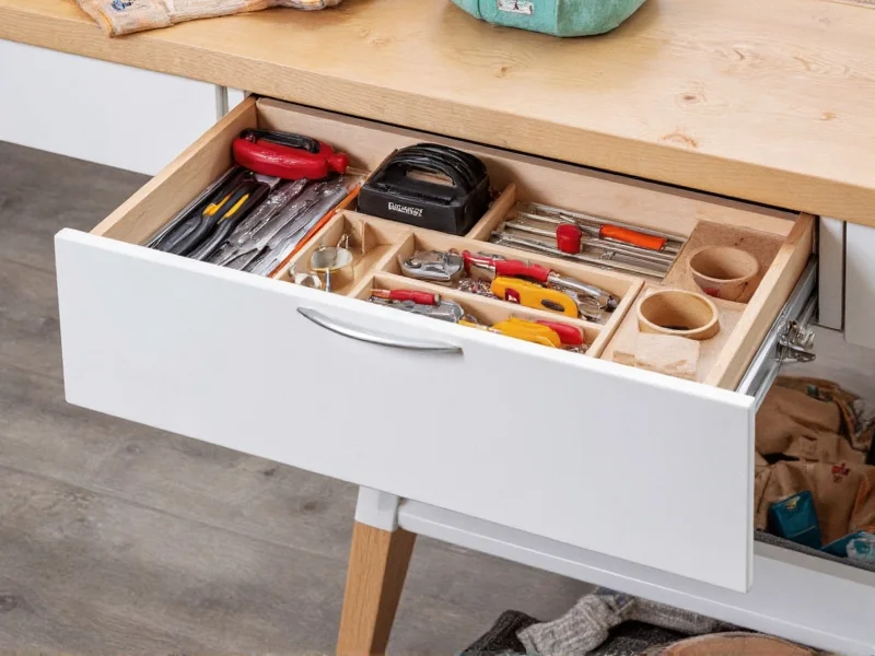 Craft drawer with vertical organizers and magnetic tool strips