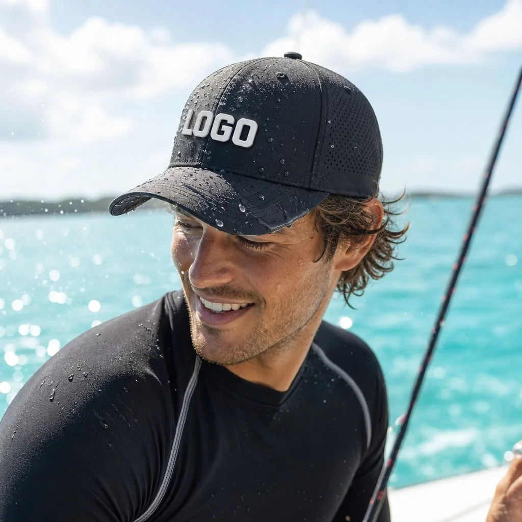 Athletic Man on Boat with Water Splashing Wearing Black Hydrophobic Performance Cap with 3D Silicone Logo
