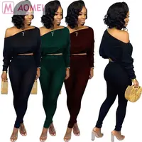 

H4007 new style autumn solid color sloping shoulder casual sexy 2 piece pants set women clothing