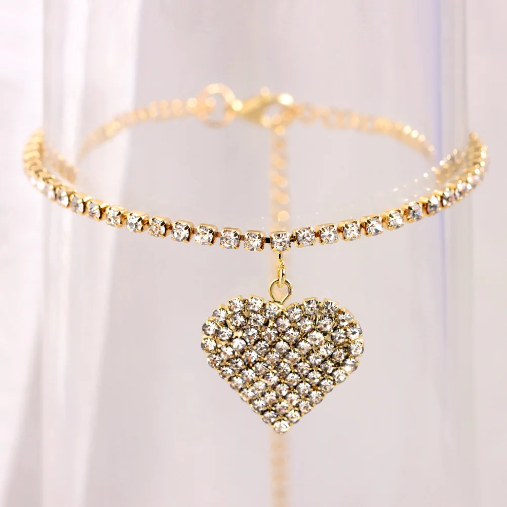

European Luxury Summer Beach Women Jewelry Heart Foot Chain Full Crystal Pave Love Heart Anklet, Gold silver plated