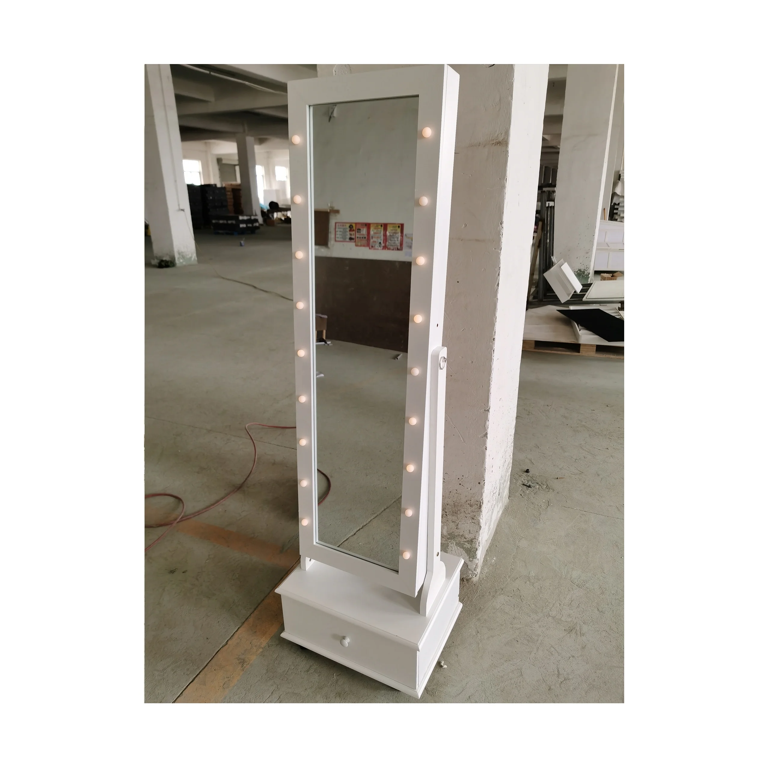 

Adjustable Full Mirror Wooden Storage Lights Floor Mirror Jewelry Armoire, White