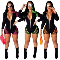 

Fashion neon color stitching mesh sexy slim long sleeve sports short rompers womens jumpsuit