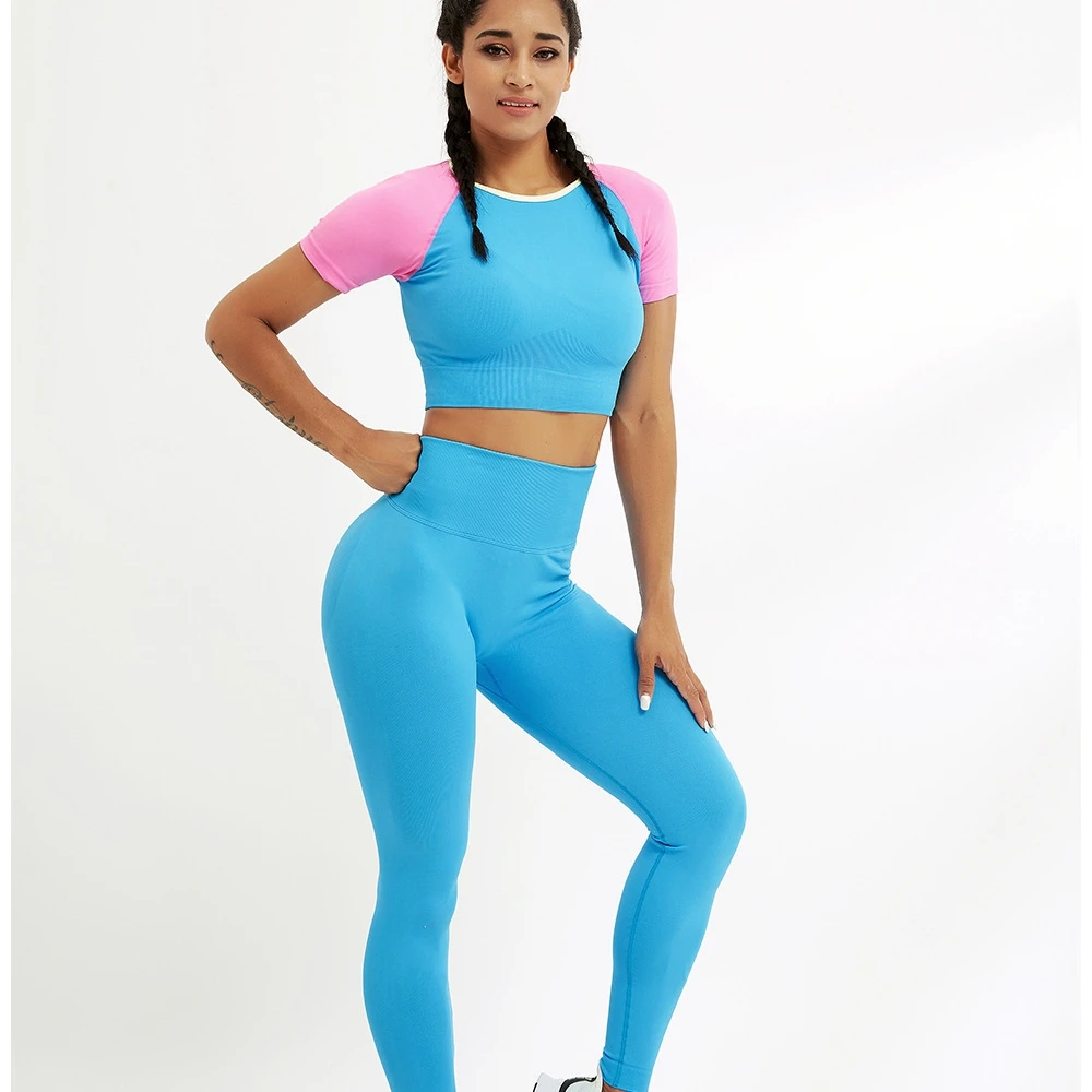 

Women Macaron Candy Color Fitness Clothes Yoga Active Wear Short Sleeved Tops T Shirt Gym Leggings 2 Piece Set, As picture