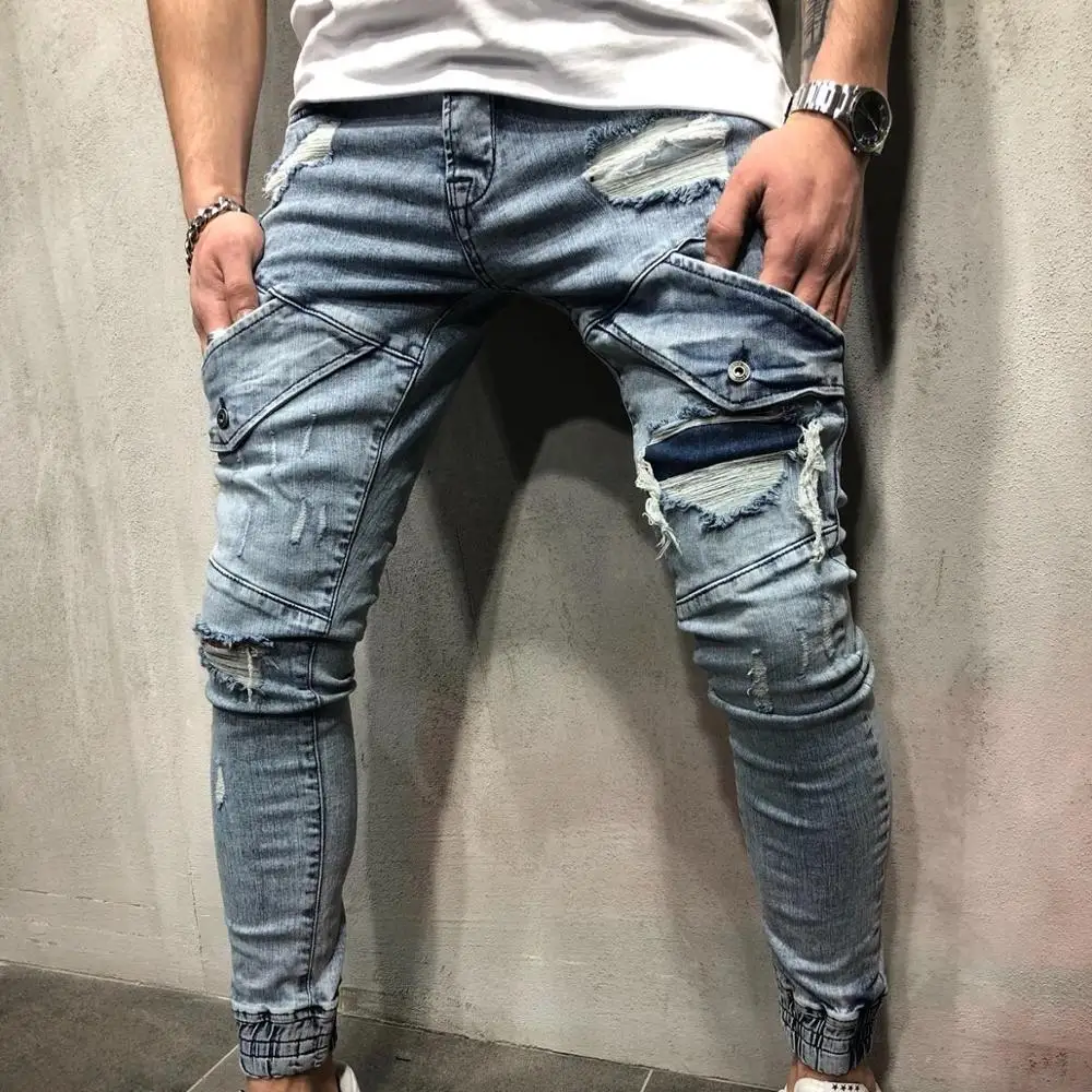 

Guang zhou factory new style men jogger fashion trousers light blue ripped fashion men jeans