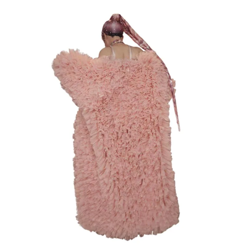 

Designer Pink Mesh Ruffles Oversize Jacket Women Long Coats Sexy Party Costume Stripper Showgirl Performance Stage Costumes