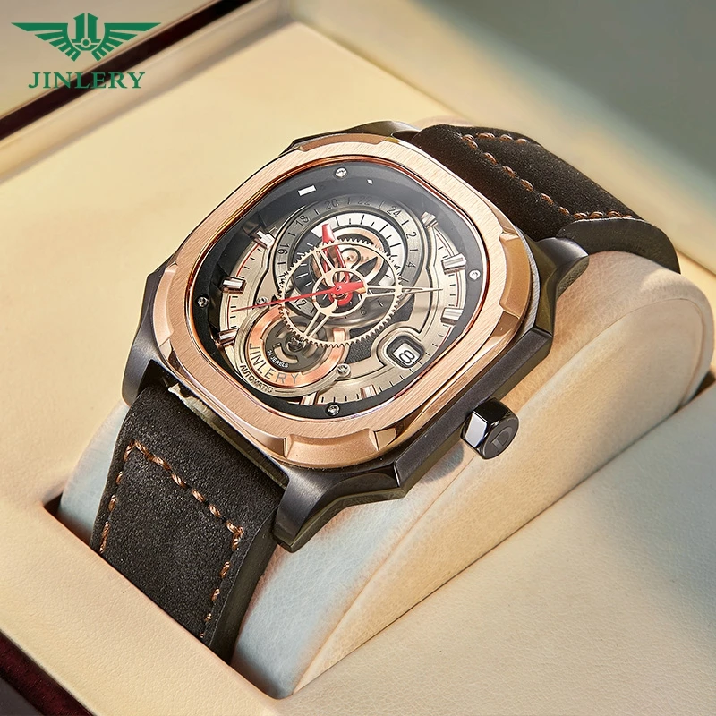 

JINLERY mechanical wristwatches Japanese movement flatbread buckle clasp square dial design waterproof mechanical watch