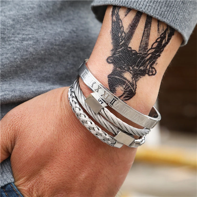 

Hot Selling Men's Luxury Stainless Steel Weave Bangle 3Pcs/Set Stainless Steel Roman Numeral Cuff Bangle Set